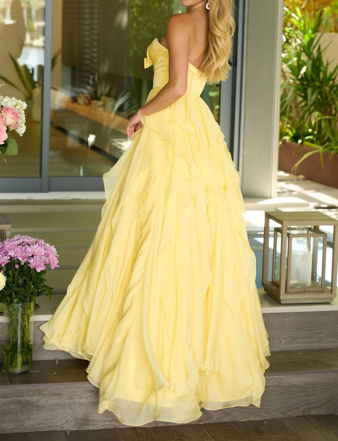 Ava Presley Strapless Sweetheart A-line Prom Dress in soft yellow - women's dress - detail view