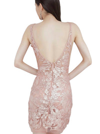 JOVANI Embellished Fitted Cocktail Dress in rose gold - women's dress - detail view