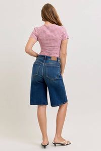 Judy Blue High Waist Jort Denim Short in dark wash blue - women's shorts - detail view