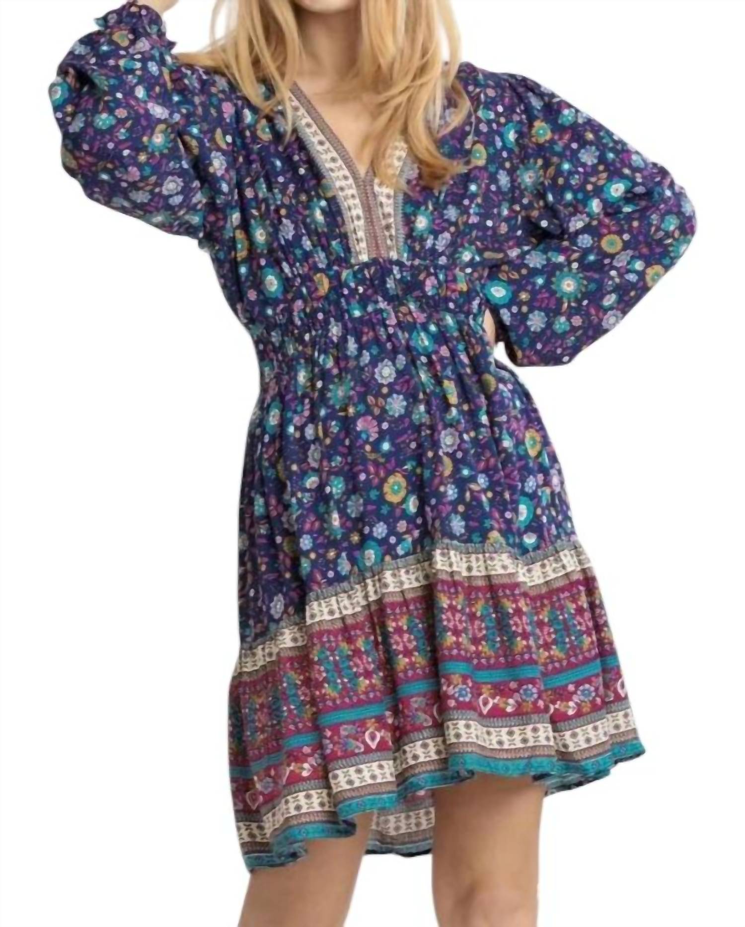 Umgee - Floral Border Print Babydoll Dress