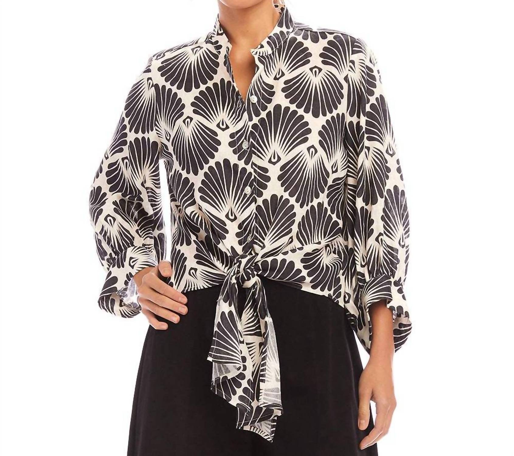 Karen Kane - Women's Petite Size Blouson Sleeve Linen Tie Front Top
