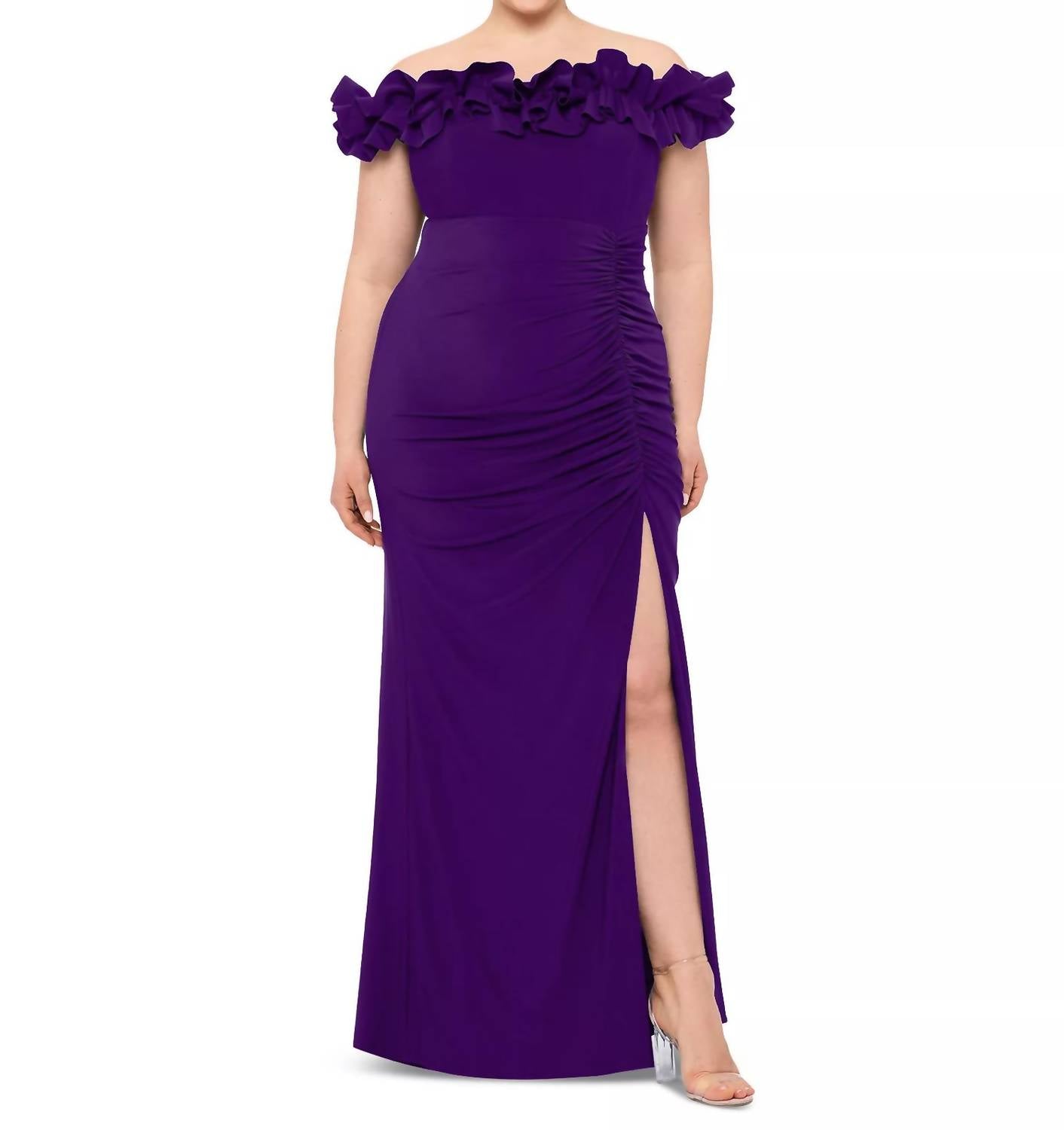 Xscape Ruffled Off-the-shoulder Long Sheath Dress in purple - women's dress