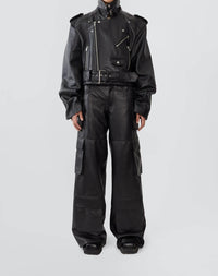 DEADWOOD Dormi Recycled Leather Biker Jacket in black - women's jacket - detail view