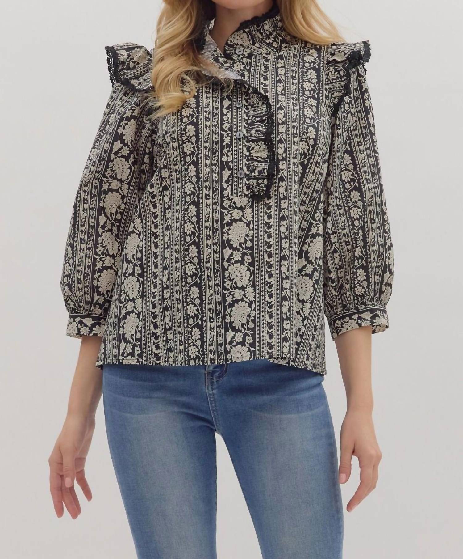 Entro - Floral Striped Flounced Top