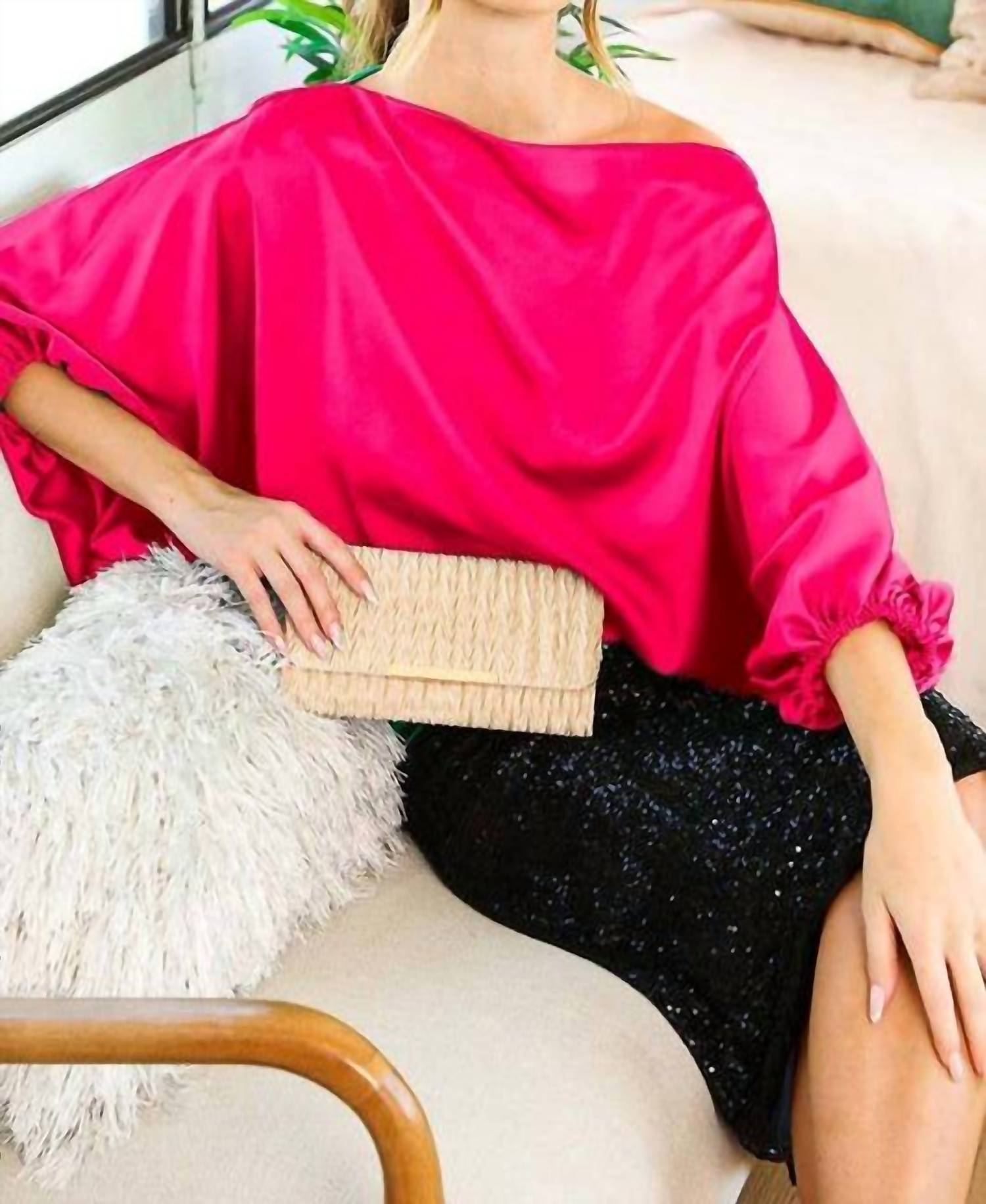 Vine & Love - Boat Neck Dolman Puff Sleeve Satin Blouse