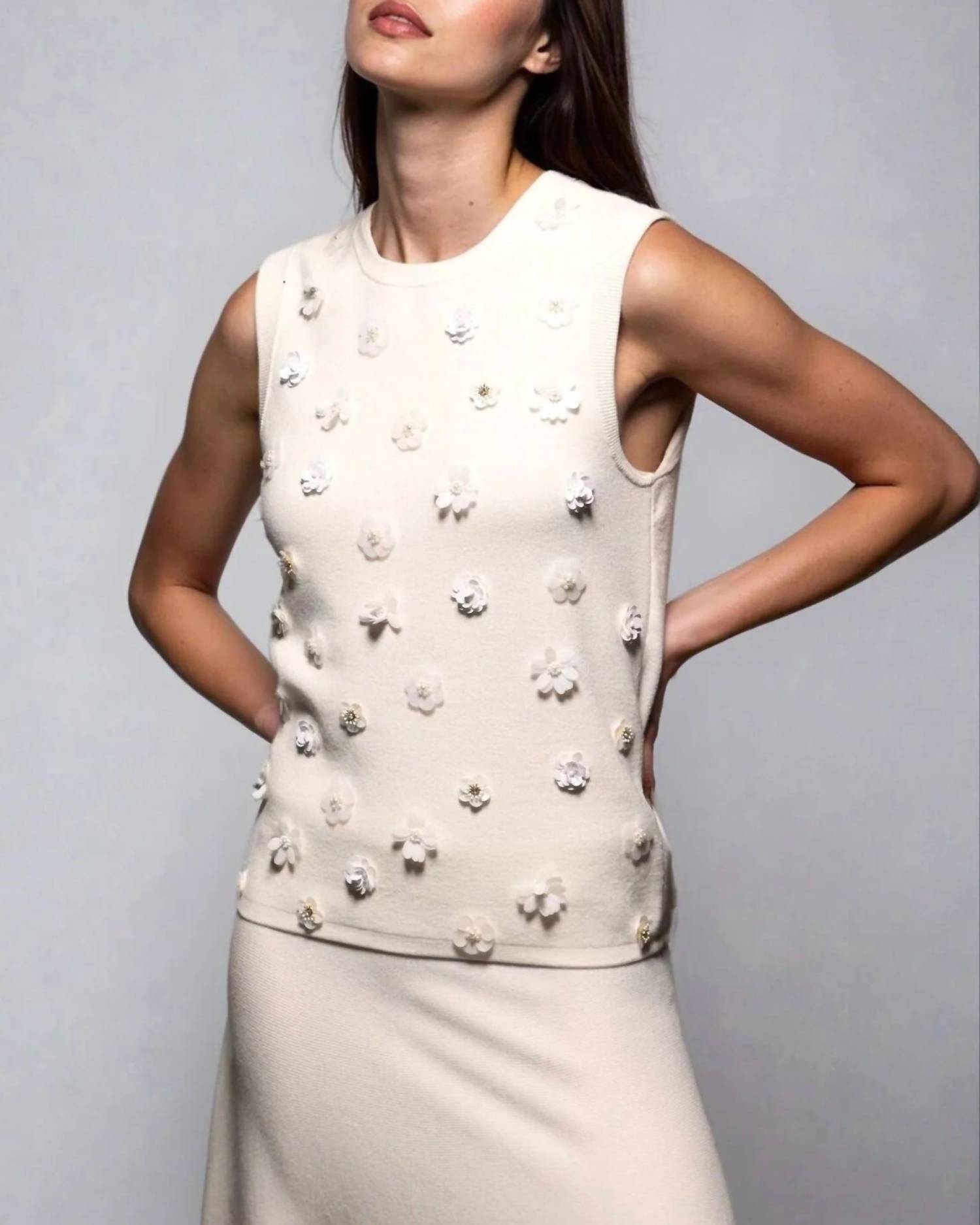 Minnie Rose - Viscose Shell With Floral Sequin Applique Blouse