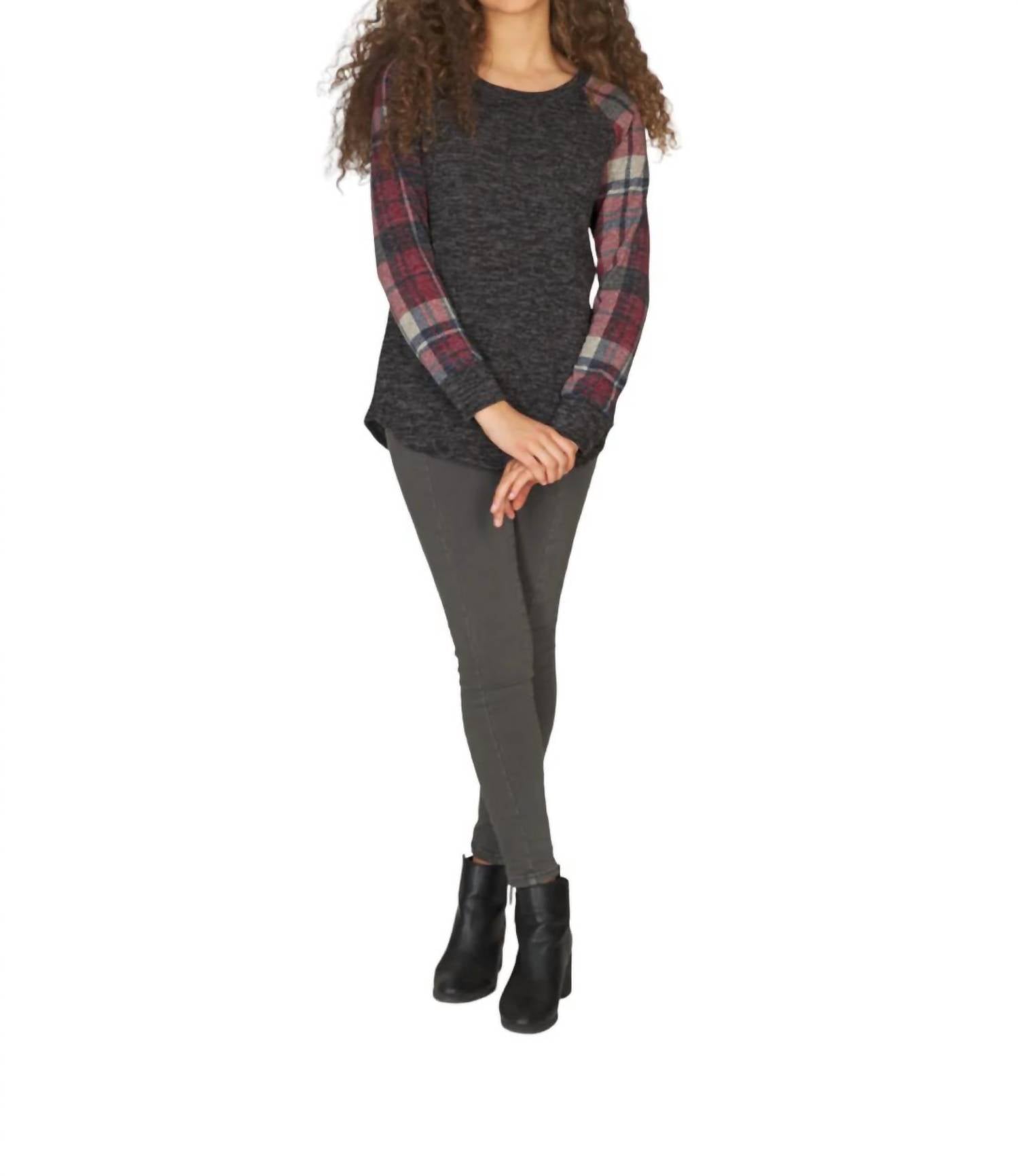 Papillon - Heathered Baseball Tee With Plaid Sleeves