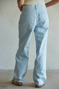 By Together Woven Straight Leg Pants in light denim - women's pants - detail view