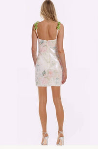 BADGLEY MISCHKA Floral Multi Dress With Rosette Strap in off white - women's dress - detail view