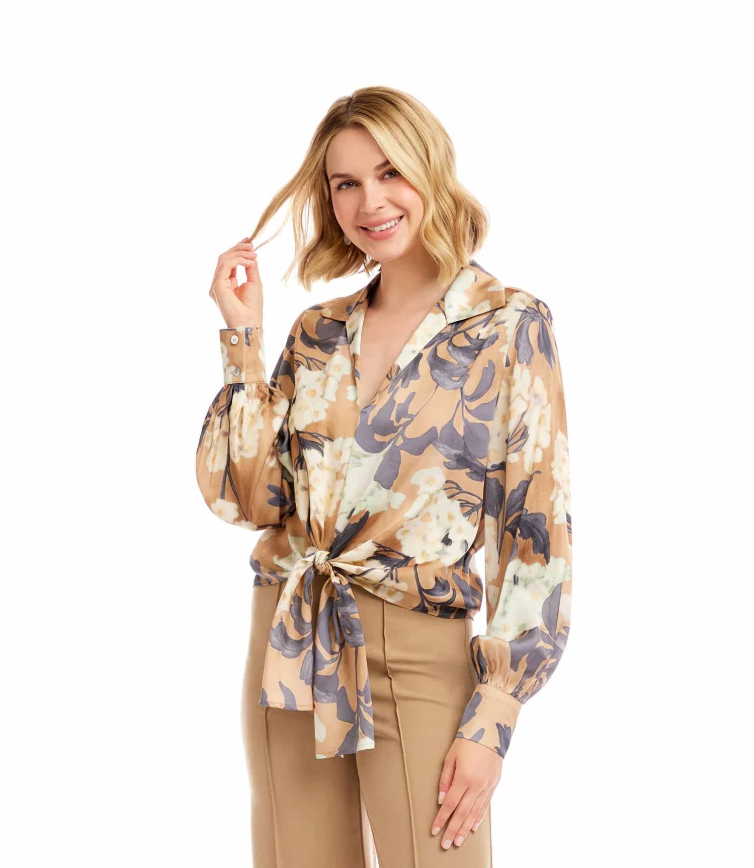 Karen Kane - Beverly Blouson Sleeve Satin Tie-front Top