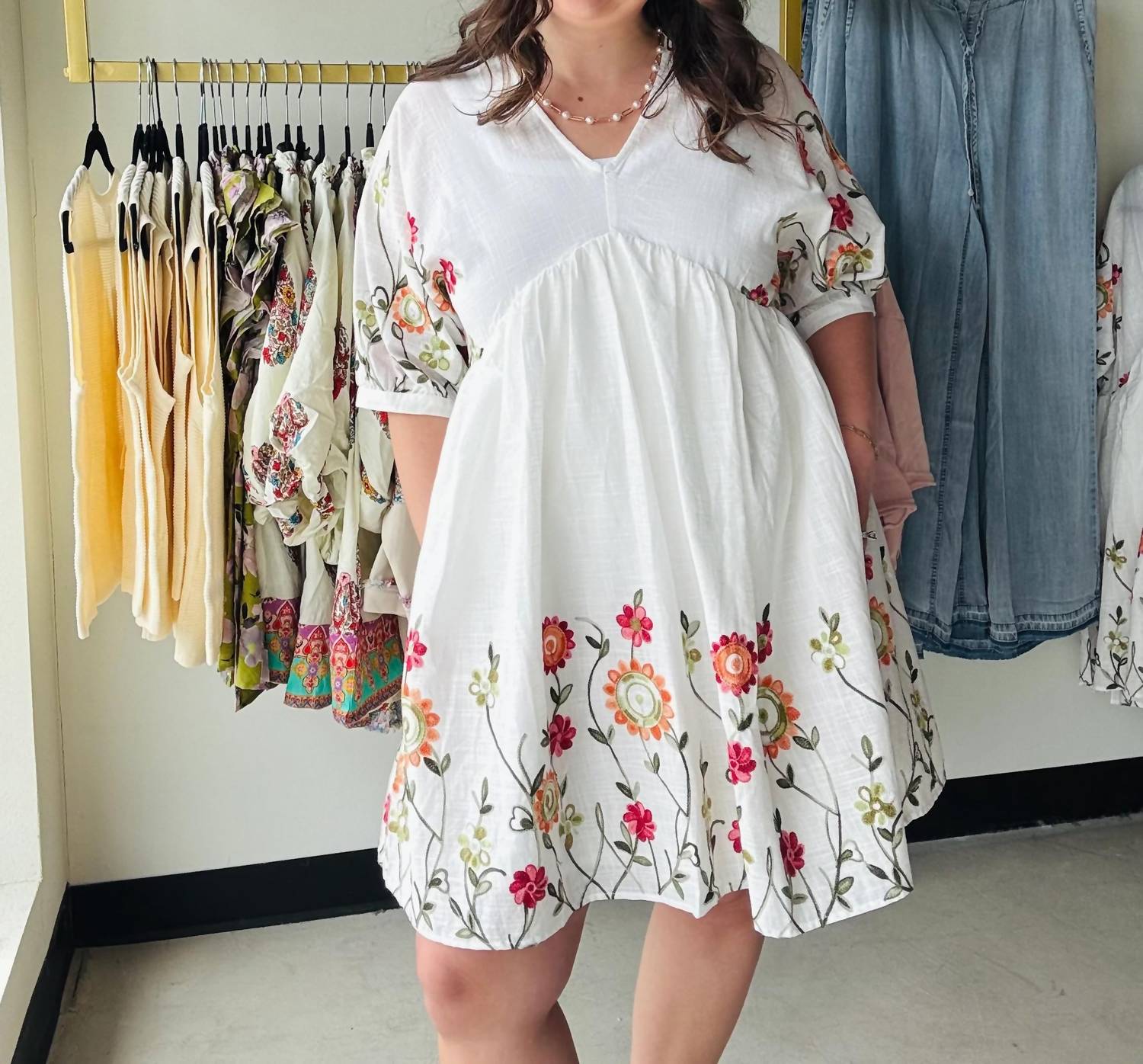 Anniewear - Women's Floral Embroidered Babydoll Dress