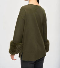 Joseph Ribkoff - V-neck Pullover Sweater With Fur Cuffs