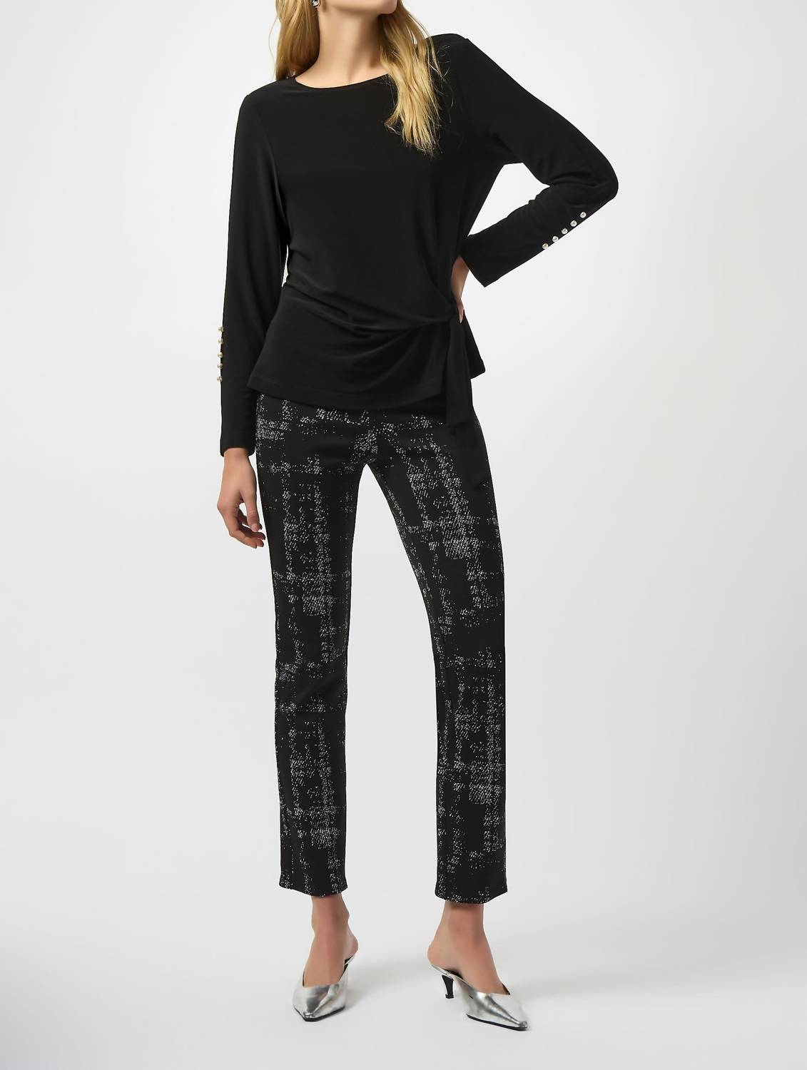 Joseph Ribkoff Plaid Jacquard Slim Ankle Pants in black off white 1 - women's pants