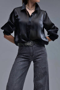 Q2 Elegant Silk Button Up Top in black - women's long sleeve top - detail view