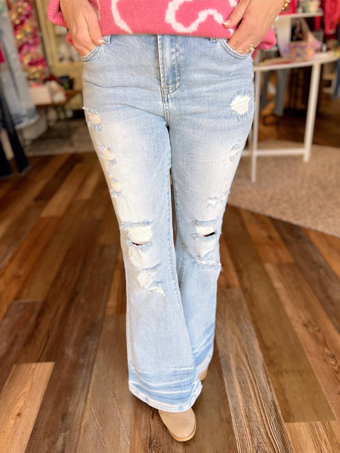 BLAKELEY Shiloh Distressed Flare Jeans in light wash - women's jeans