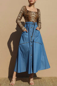 Dress Day Belted Leopard Knit Top Denim Button Up Midi Dress in multi - women's dress
