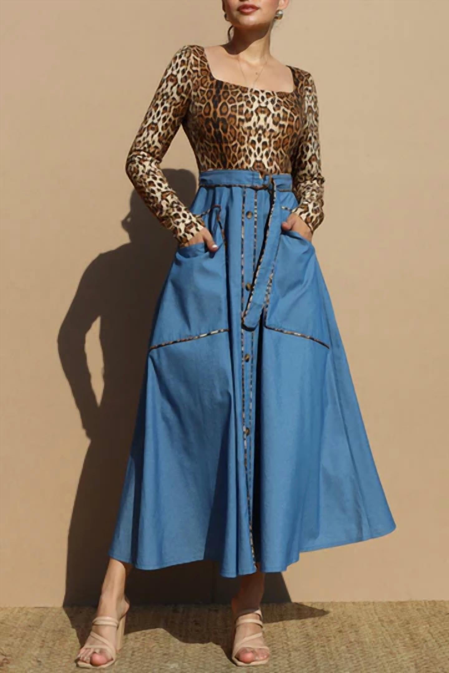 Dress Day Belted Leopard Knit Top Denim Button Up Midi Dress in multi - women's dress