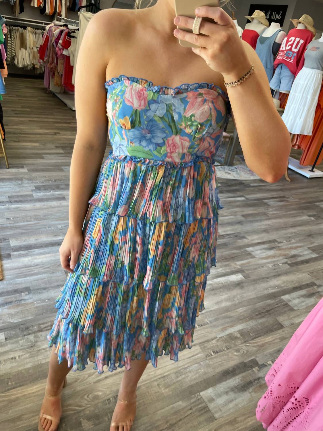Olivaceous - Pleated Strapless Floral Dress