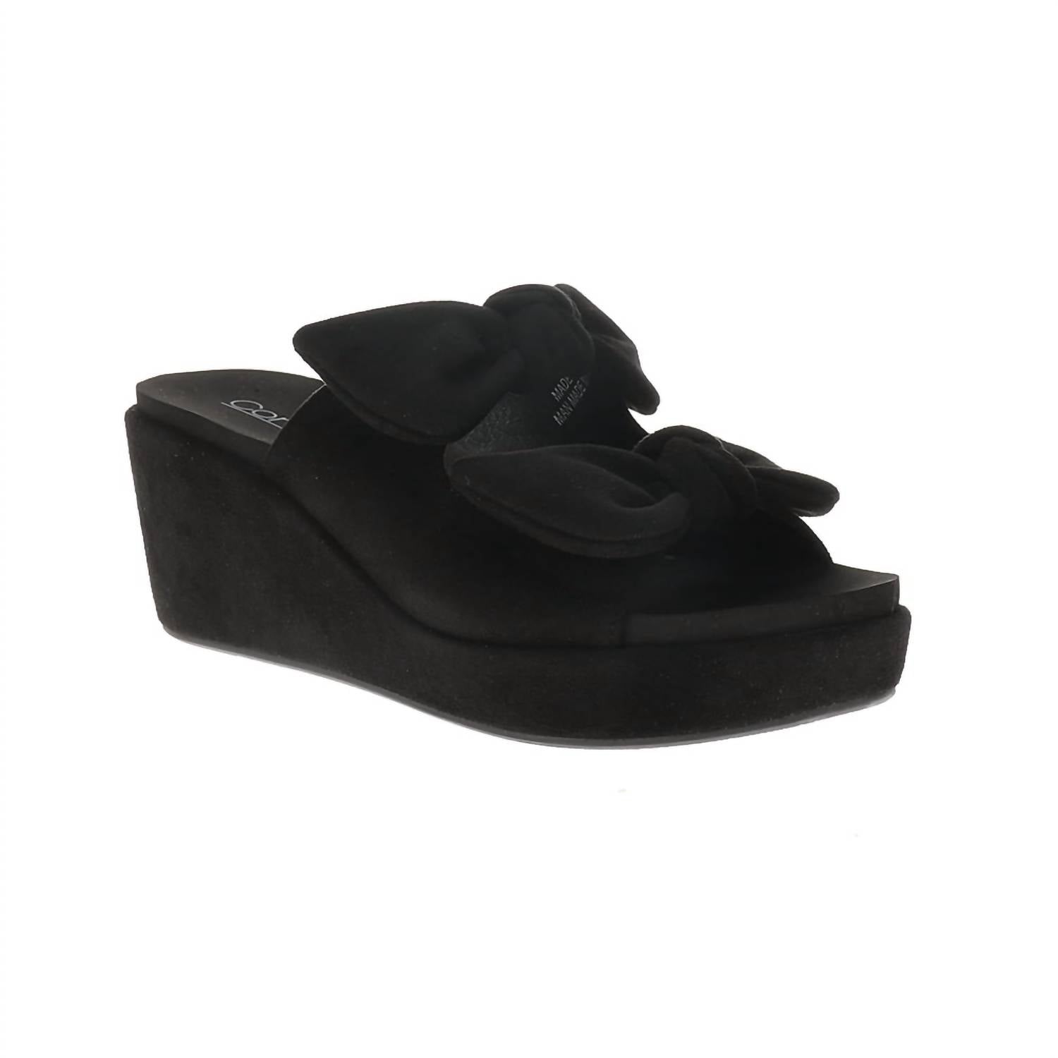 Corkys Footwear Women's Bowed Up Wedge Shoes in black faux suede - women's shoe - detail view