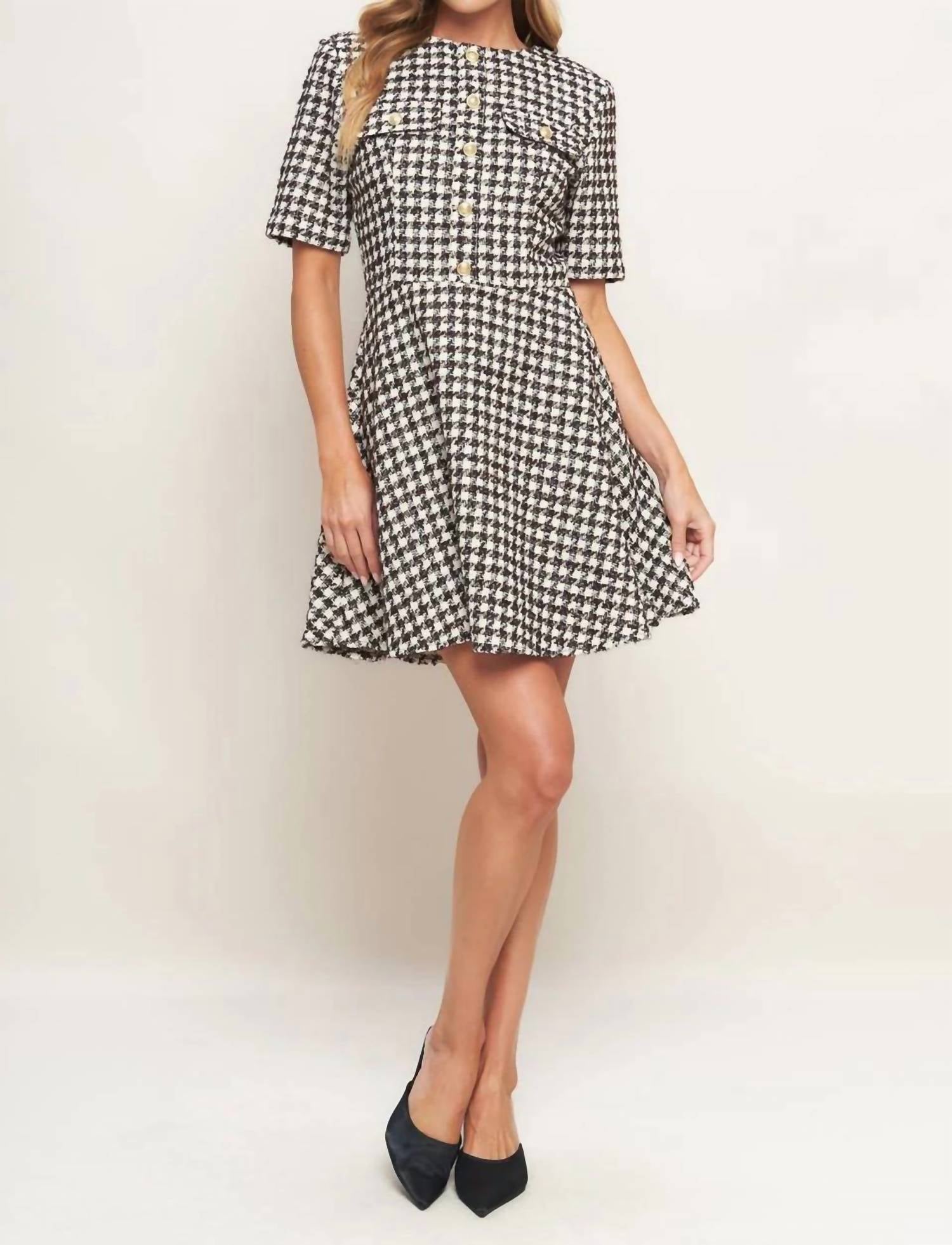 Flying Tomato - Tilde Short Sleeve Button Tweed Mini Dress