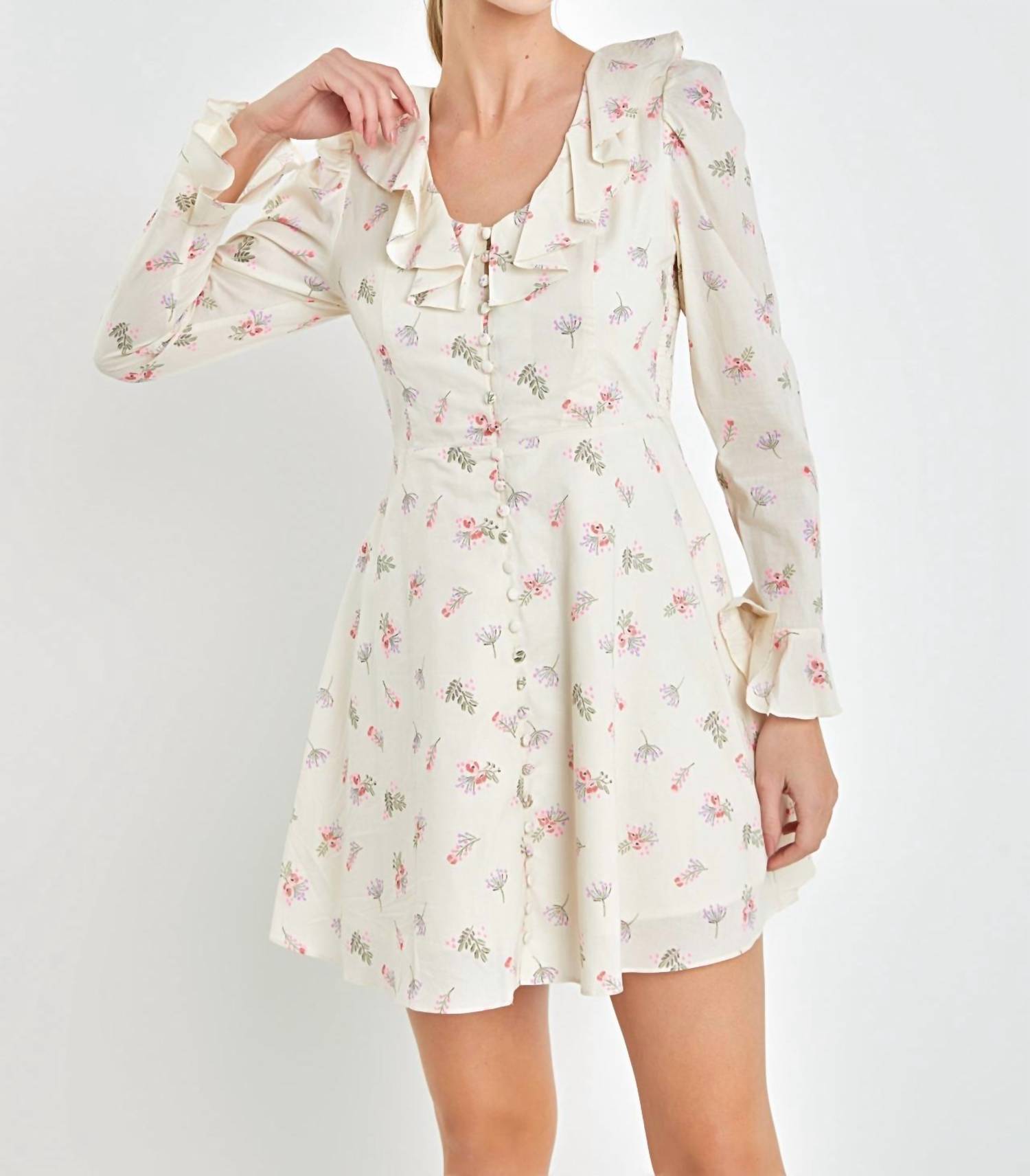 English Factory - FLORAL RUFFLED NECK DRESS