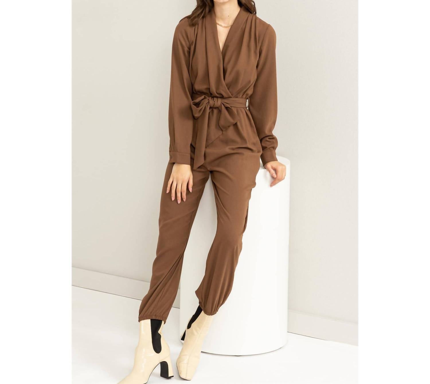 Hyfve - Weekend Outing Tie-belt Long Sleeve Jumpsuit