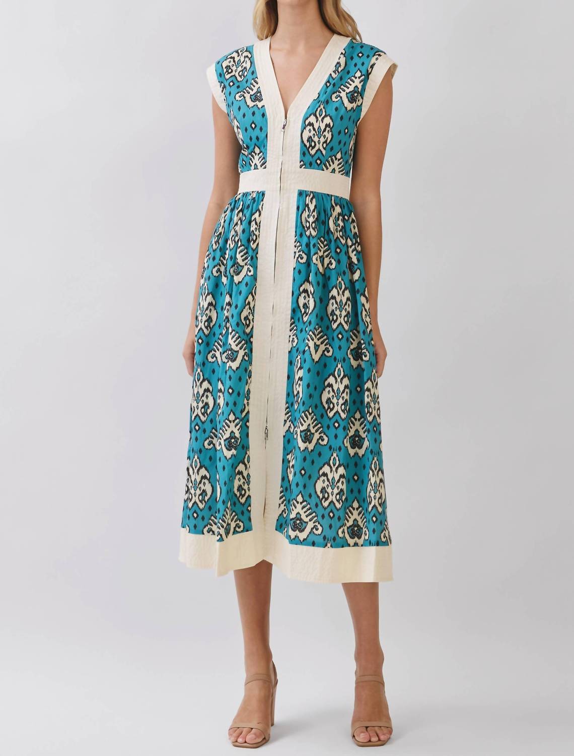 Tcec - Contrast Trim Printed Zip Front Midi Dress
