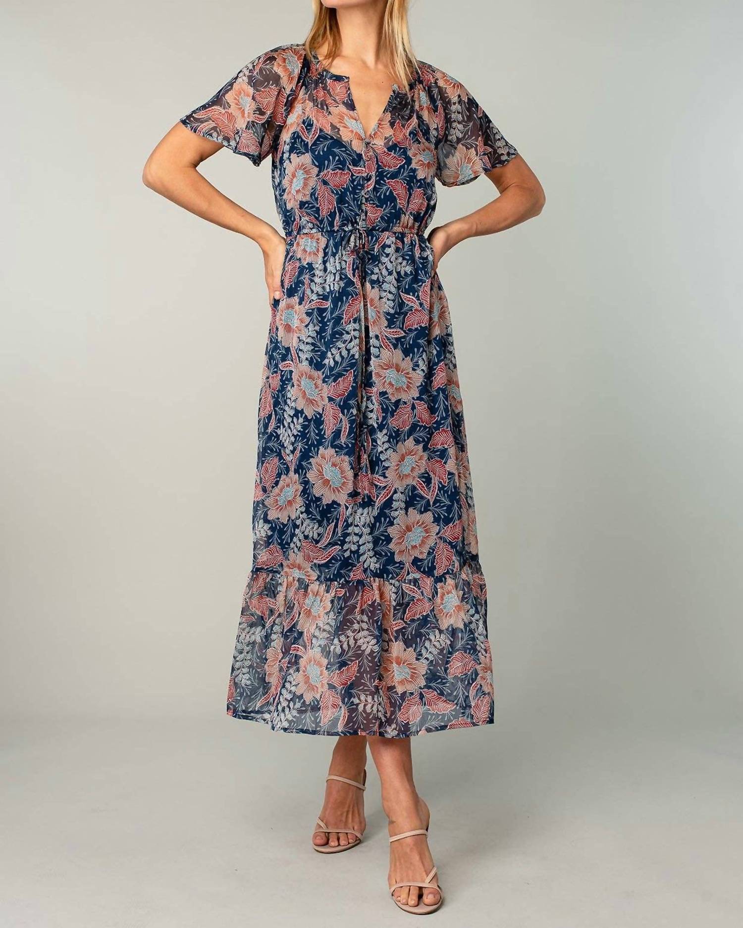 Lovestitch - Floral Chiffon Flutter Sleeve Tiered Maxi Dress