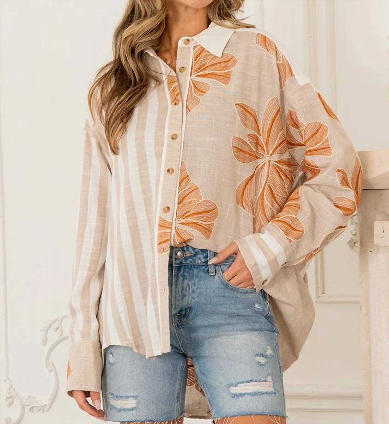 Sew In Love - Button-down Floral And Stripe Printed Top