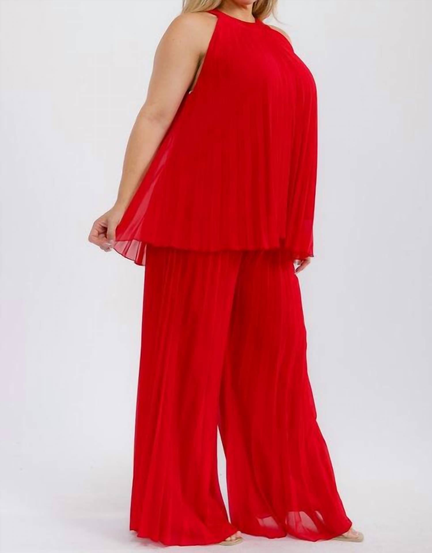 Karen T Design - Pleated Sleeveless Blouse And Elastic Waist Pleated Wide Leg Pants Set