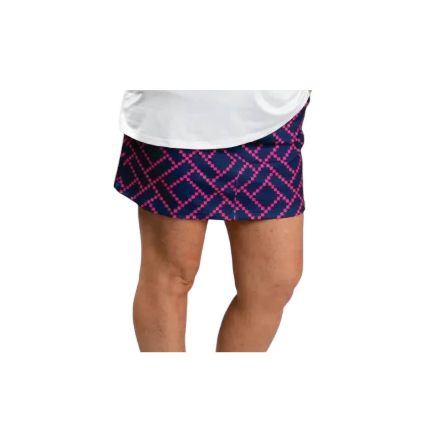Top It Off Women's Graphic Design Front Zipper Pockets Skort in navy pink - women's shorts - detail view