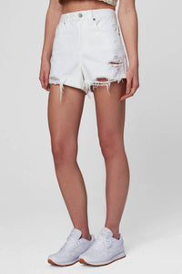 BLANKNYC Head In The Clouds Hi Waist Cut Off Denim Jean Shorts in the clouds hi waist cut off denim jean shorts in white - women's shorts - detail view