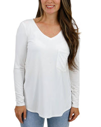 Grace and Lace Perfect Pocket Long Sleeve Tee in ivory - women's long sleeve top - detail view
