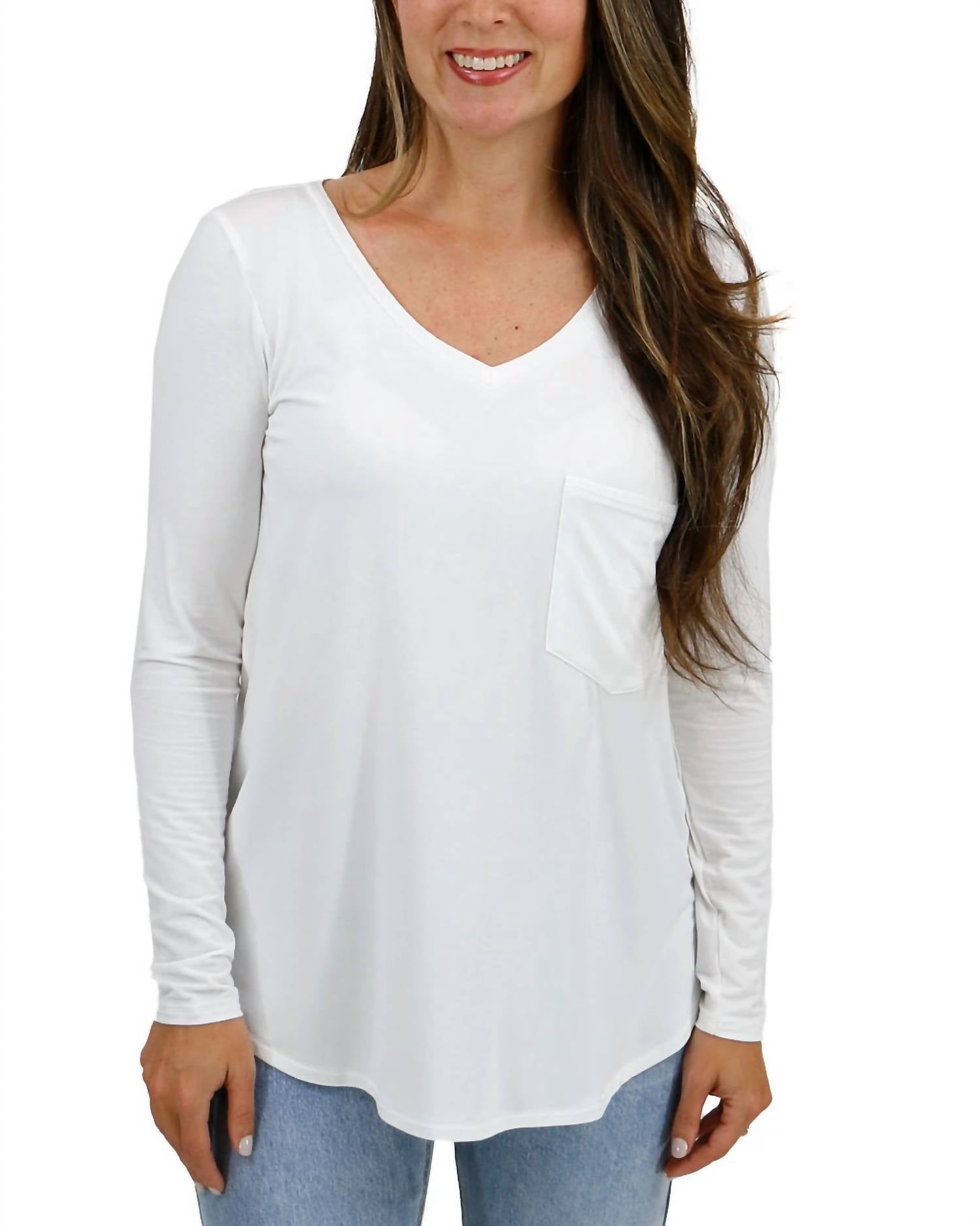 Grace and Lace Perfect Pocket Long Sleeve Tee in ivory - women's long sleeve top - detail view