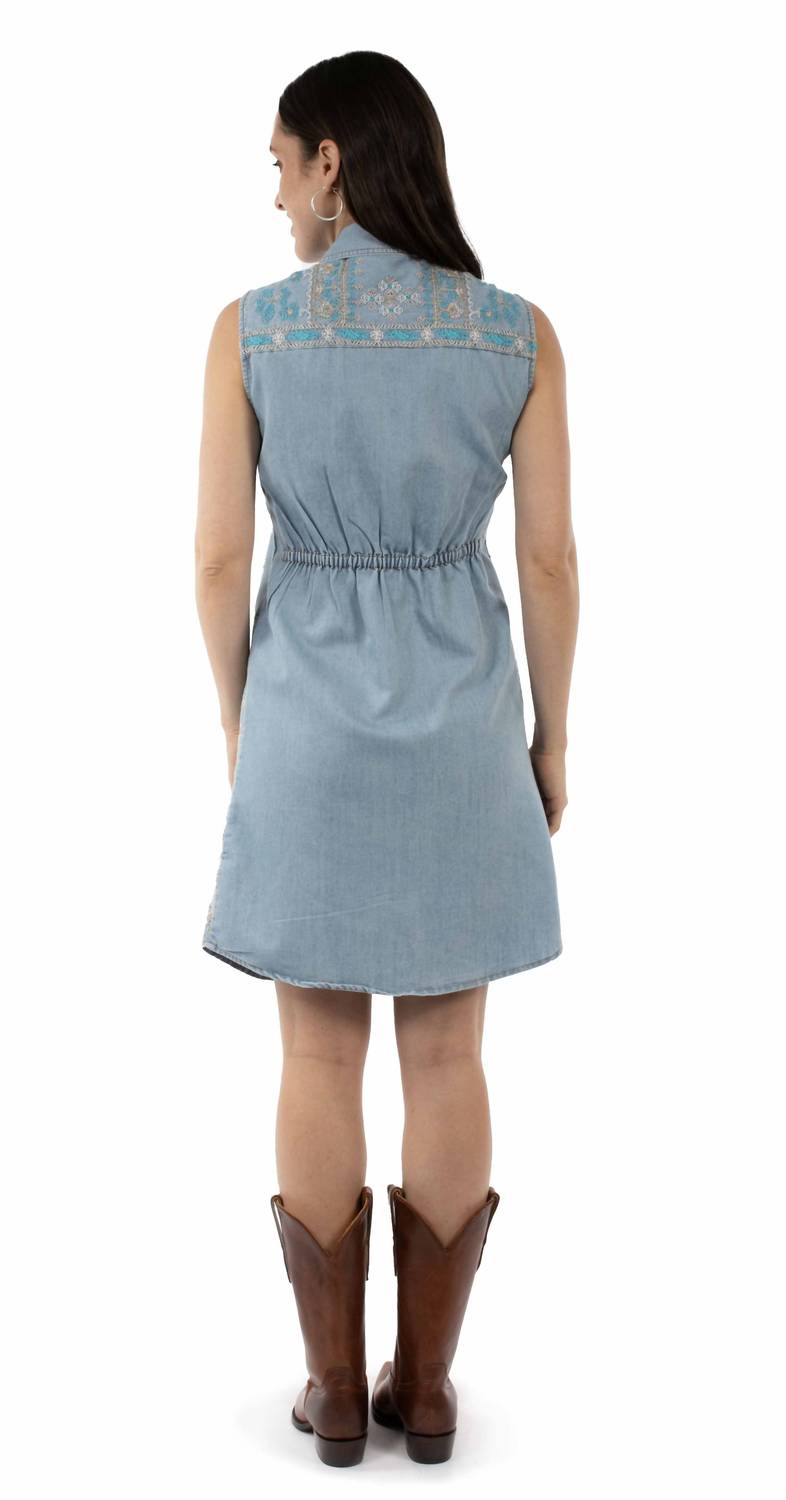 Scully Sleeveless Embroidered Button Front Dress in denim blue - women's dress - alternate view