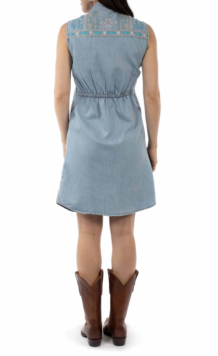 Scully Sleeveless Embroidered Button Front Dress in denim blue - women's dress - detail view