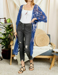 DAVI & DANI Boho Sheer Lace Duster Cardigan in denim blue - women's cardigan - alternate view