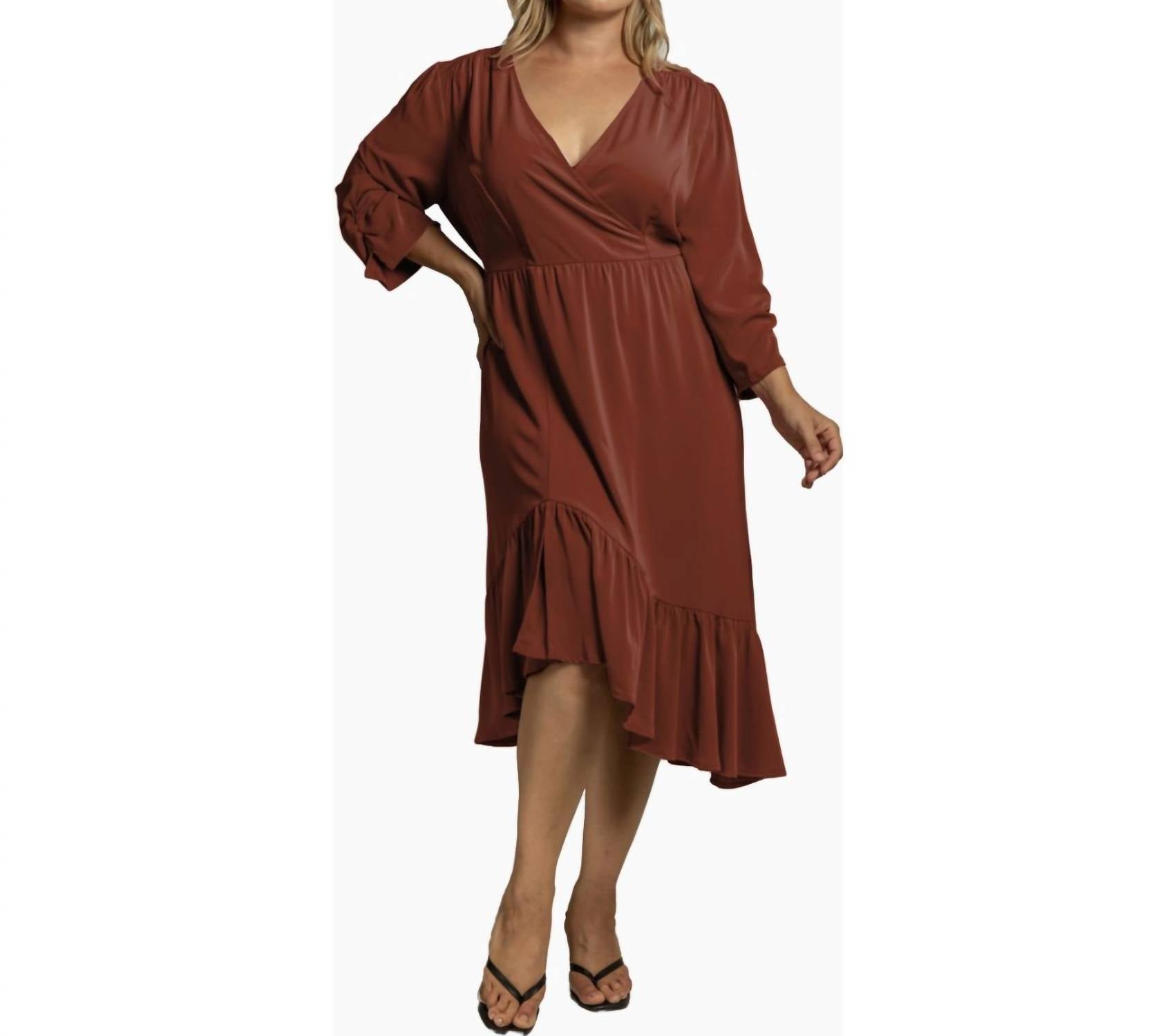 Standards & Practices - Ruched Sleeve V Neck Curvy Fit Midi Dress - Plus Size