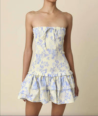 OLIVACEOUS Aimee Strapless Mini Dress in cream blue floral - women's dress