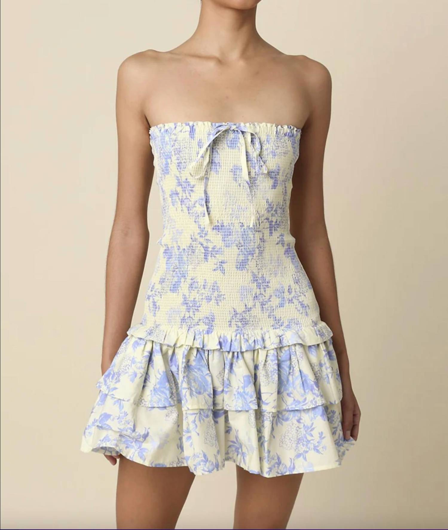 OLIVACEOUS Aimee Strapless Mini Dress in cream blue floral - women's dress