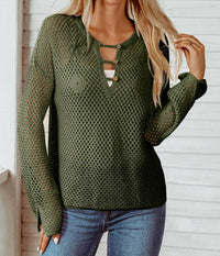 Fashionworks - Open Knit Buttoned Neck Split Sleeve Sweater