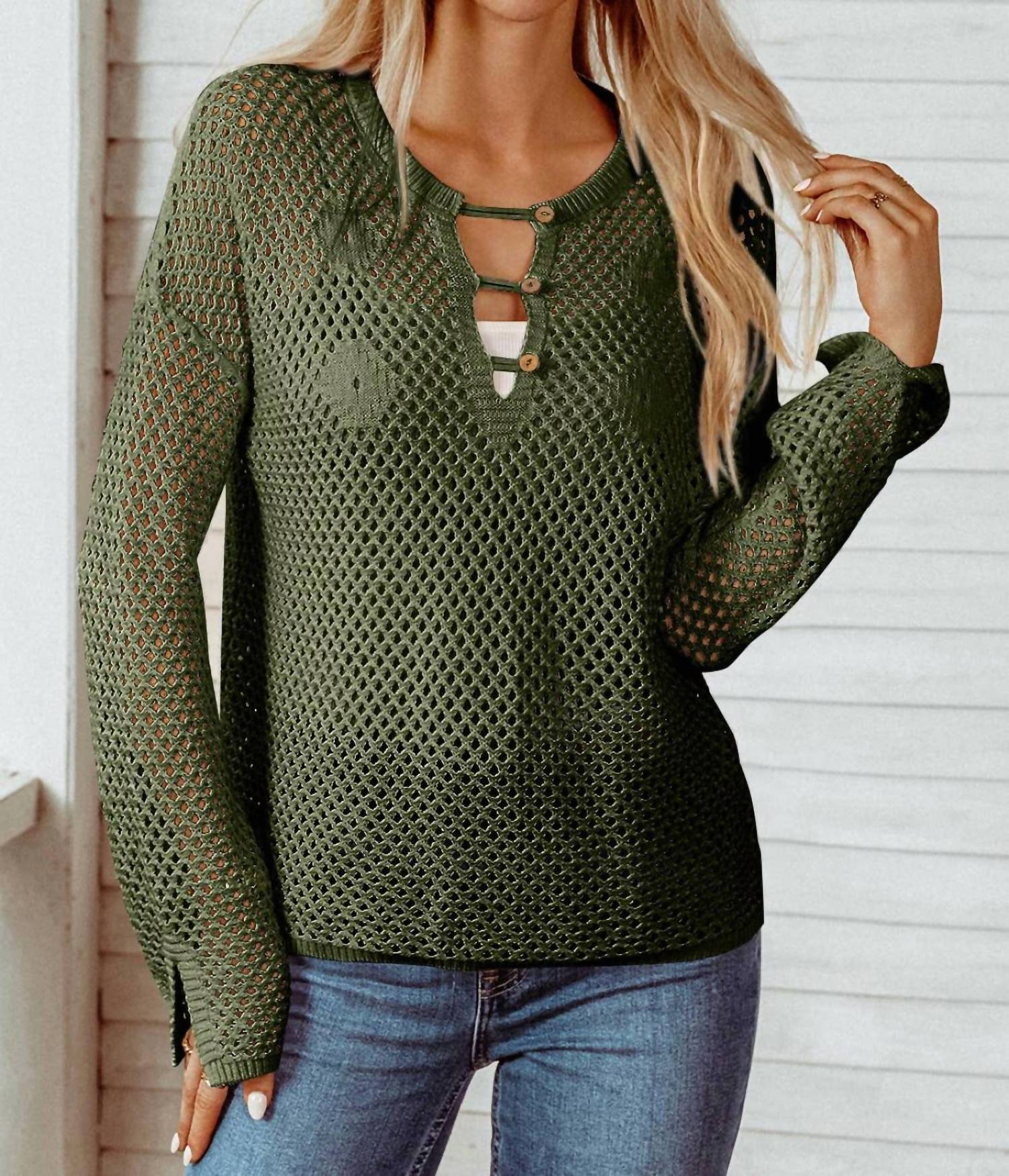Fashionworks - Open Knit Buttoned Neck Split Sleeve Sweater