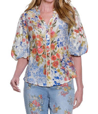 John Mark - Button Front Blouse With Puff Sleeves