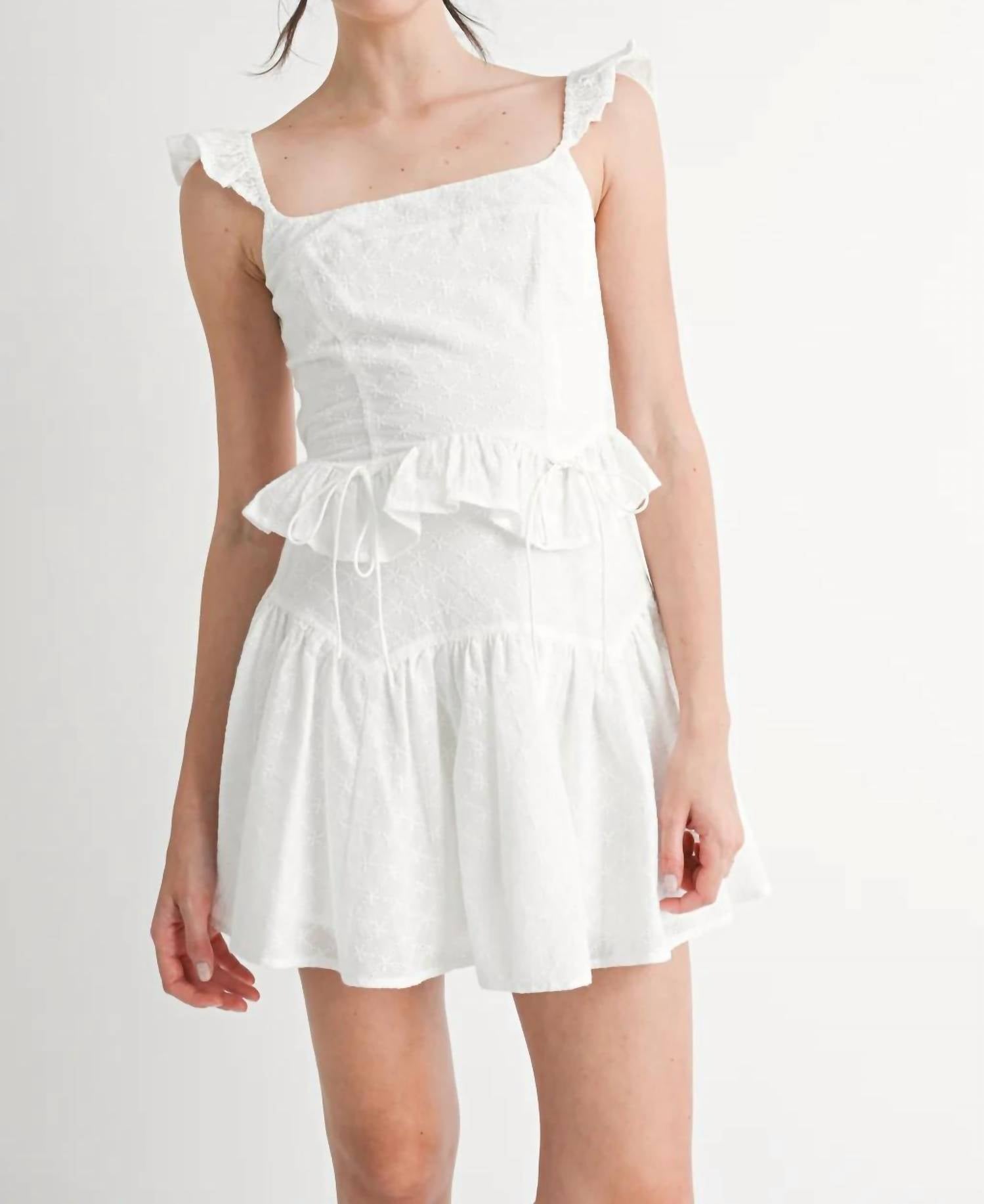 Mable - Eyelet Ruffle Sleeve Top And Mini Skirt Set