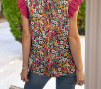 Voy - Eyelet Ruffle Sleeve Print Top