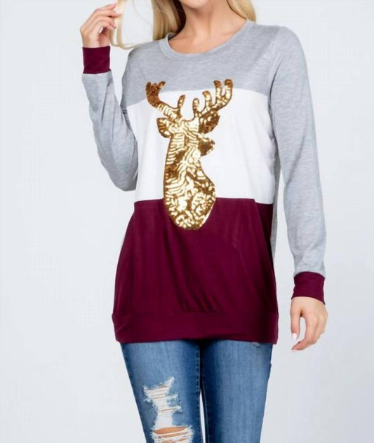 Acting Pro - Christmas Reindeer Sequin Long Sleeve Top