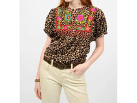 Sister Mary Fabiola Embroidered Short Sleeve Top in leopard - women's t-shirt - detail view