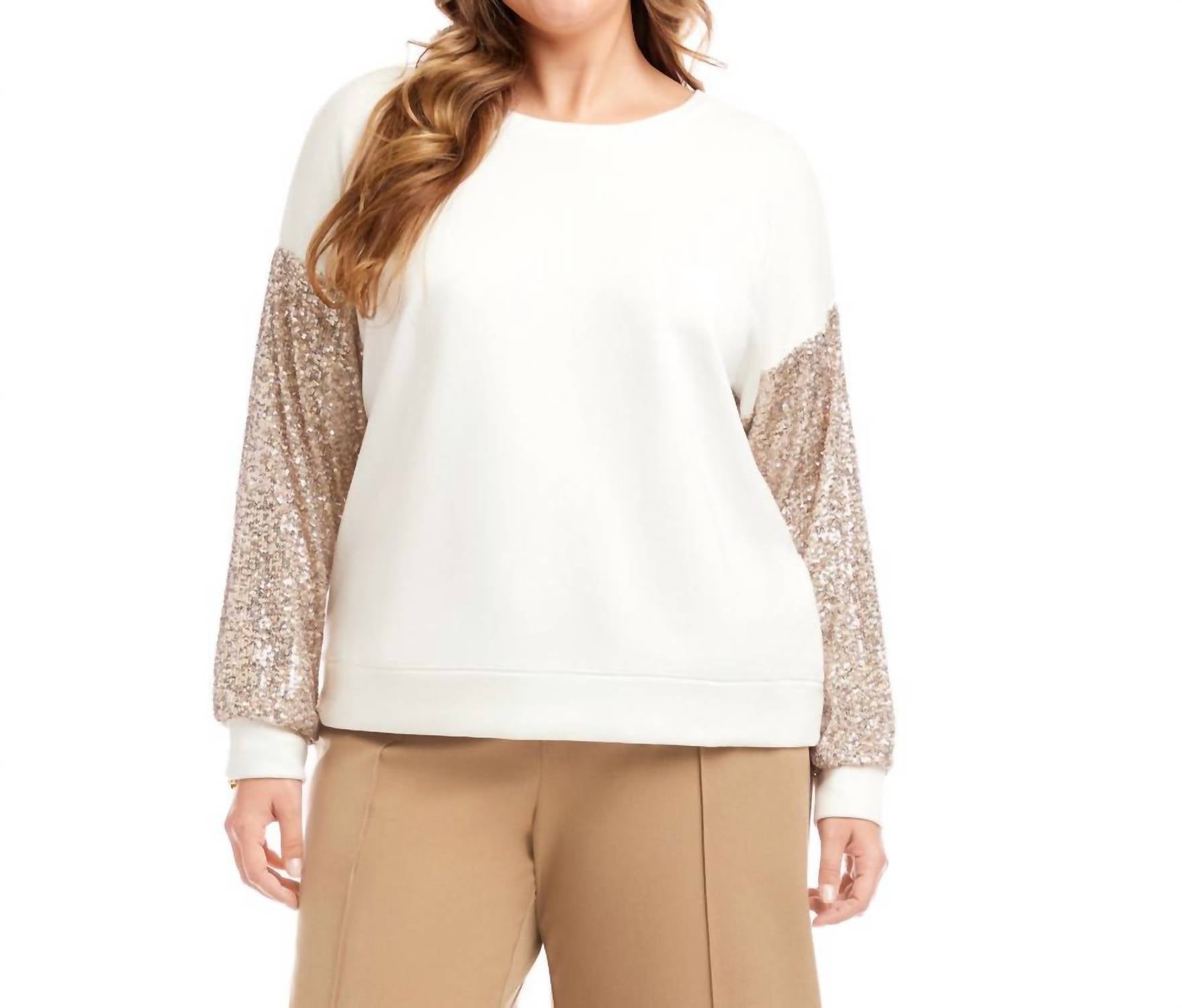 Karen Kane Sequin Sleeve Top - Plus in cream - women's long sleeve top