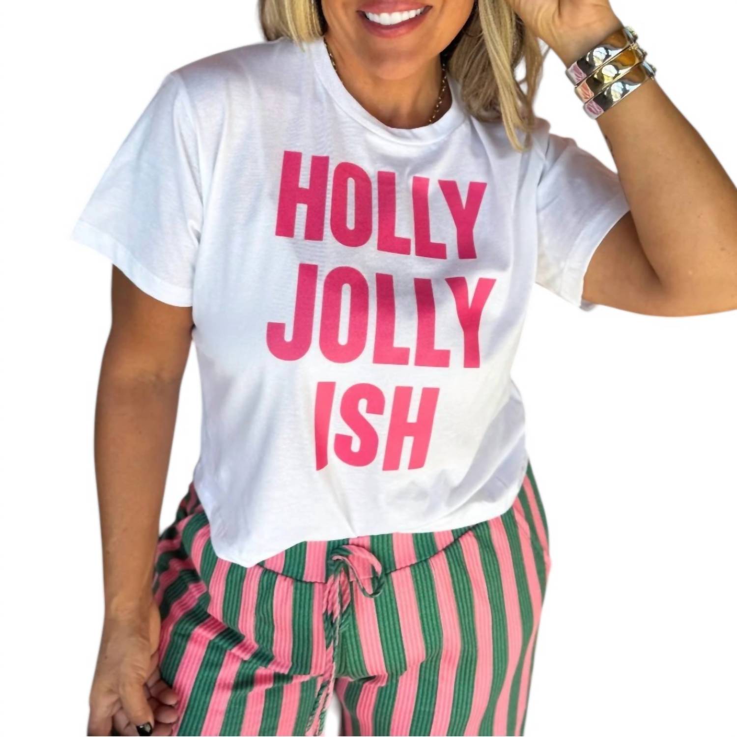 BLAKELEY Holly Jolly Ish Graphic Tee in white pink - women's t-shirt