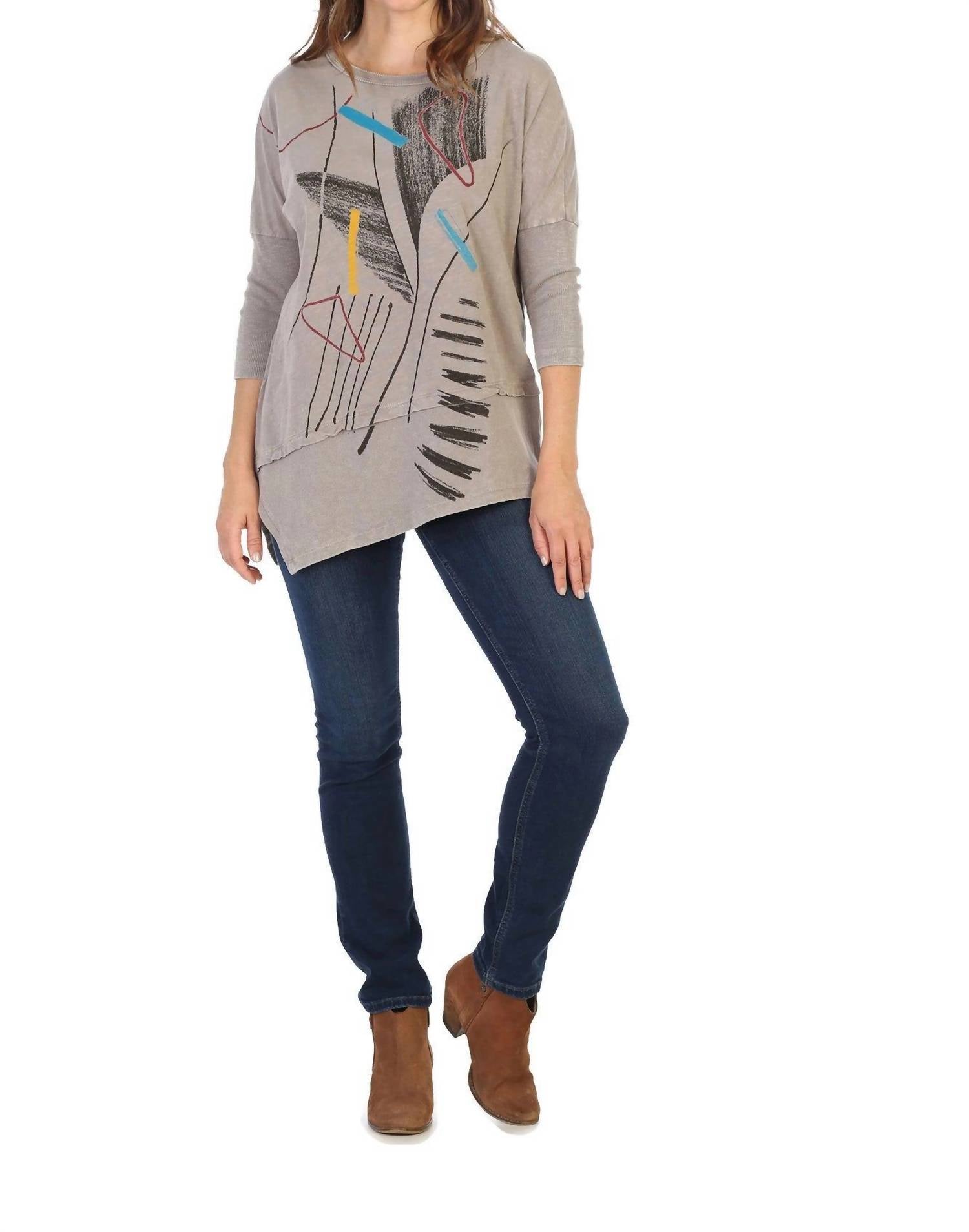 Jess & Jane Strings Mineral Washed Dolman Sleeve Cotton Top - Plus in taupe - women's blouse
